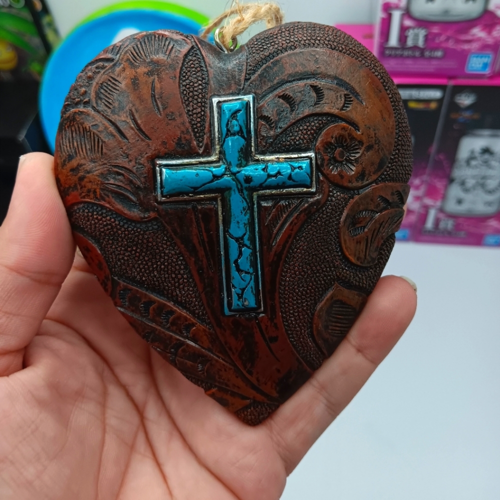 Wooden Heart Shaped Ornament With Turquoise Cross On Both Sides